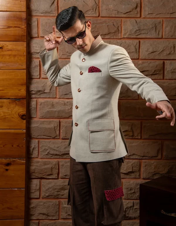 Explorer’s Corduroy Beige Bandhgala Suit