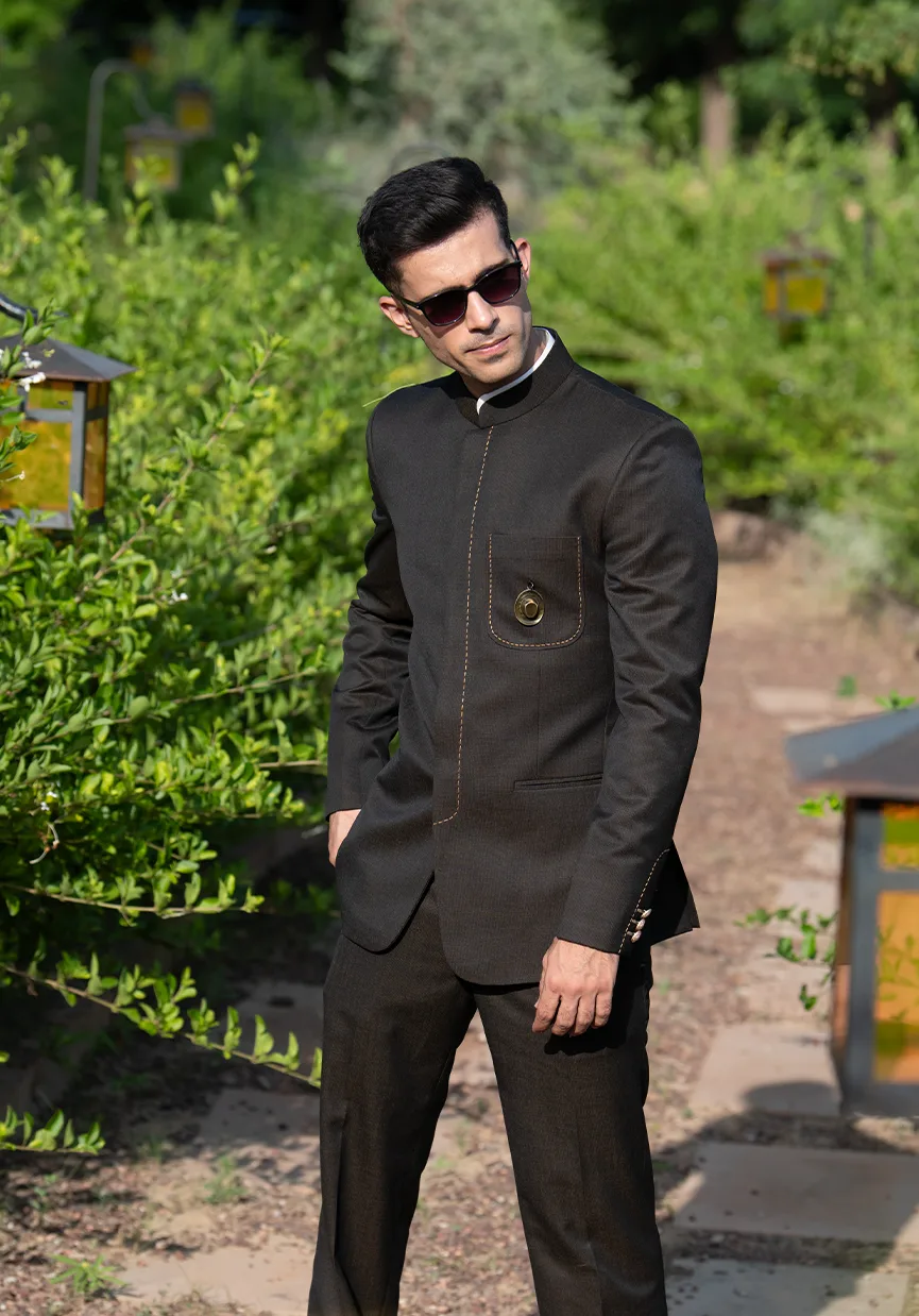 Tiger Battalion Luxury Textured Brown Bandhgala Suit