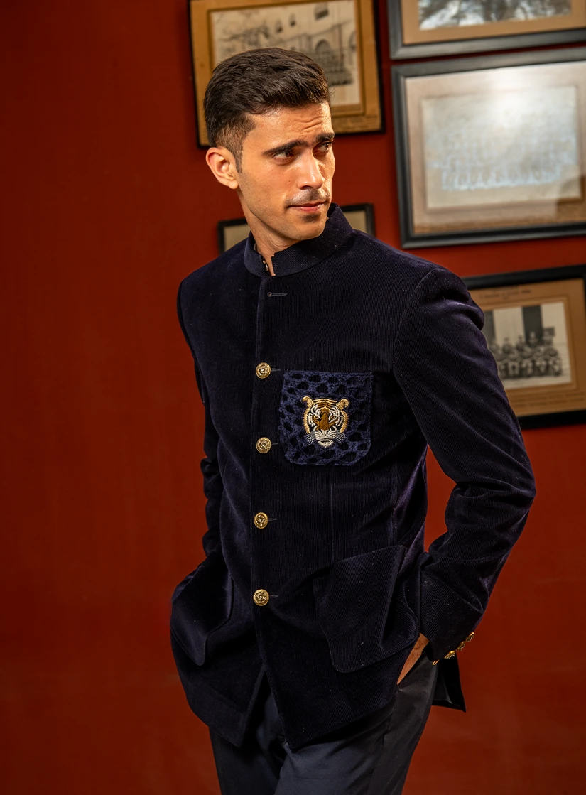 Highland Tiger Navy Blue Corduroy Bandhgala Suit - Image 4