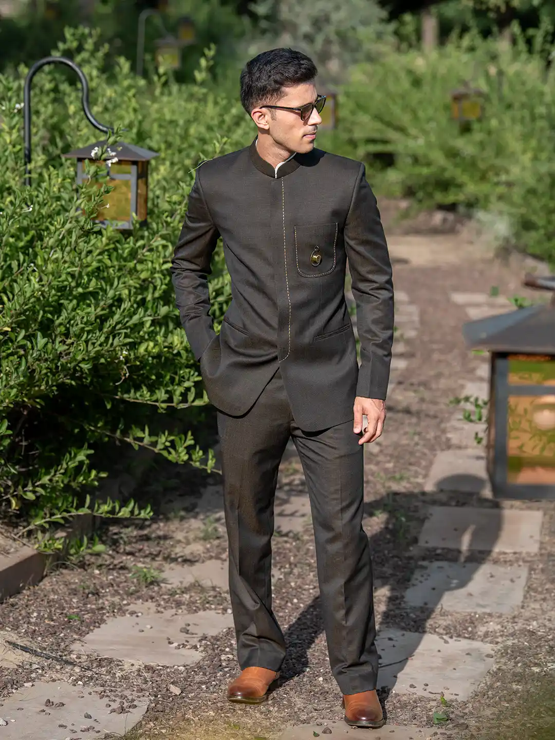 Tiger Battalion Luxury Textured Brown Bandhgala Suit - Image 3